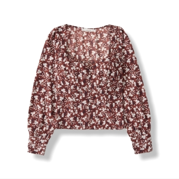 A&F Long-Sleeve Brown Floral Button-Through Crop Top, S - Picture 2 of 5